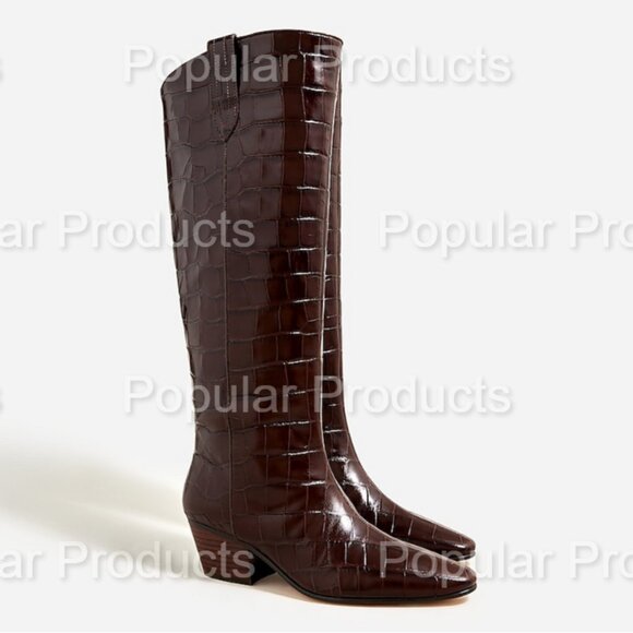 J.CrewPiper knee-high boots in croc-embossed leather, Espresso